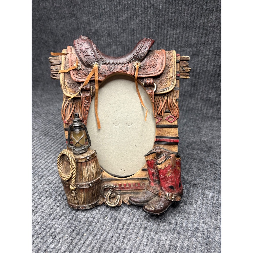 Western Cowboy Saddle Boots Resin Picture Frame Oval Rustic Farmhouse Decor
